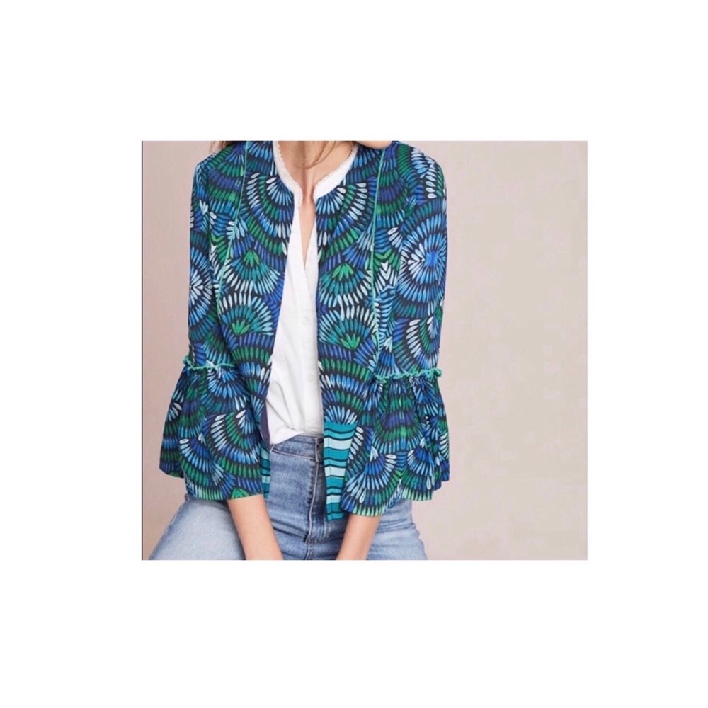 Anthropologie navy and green ruffle blazer